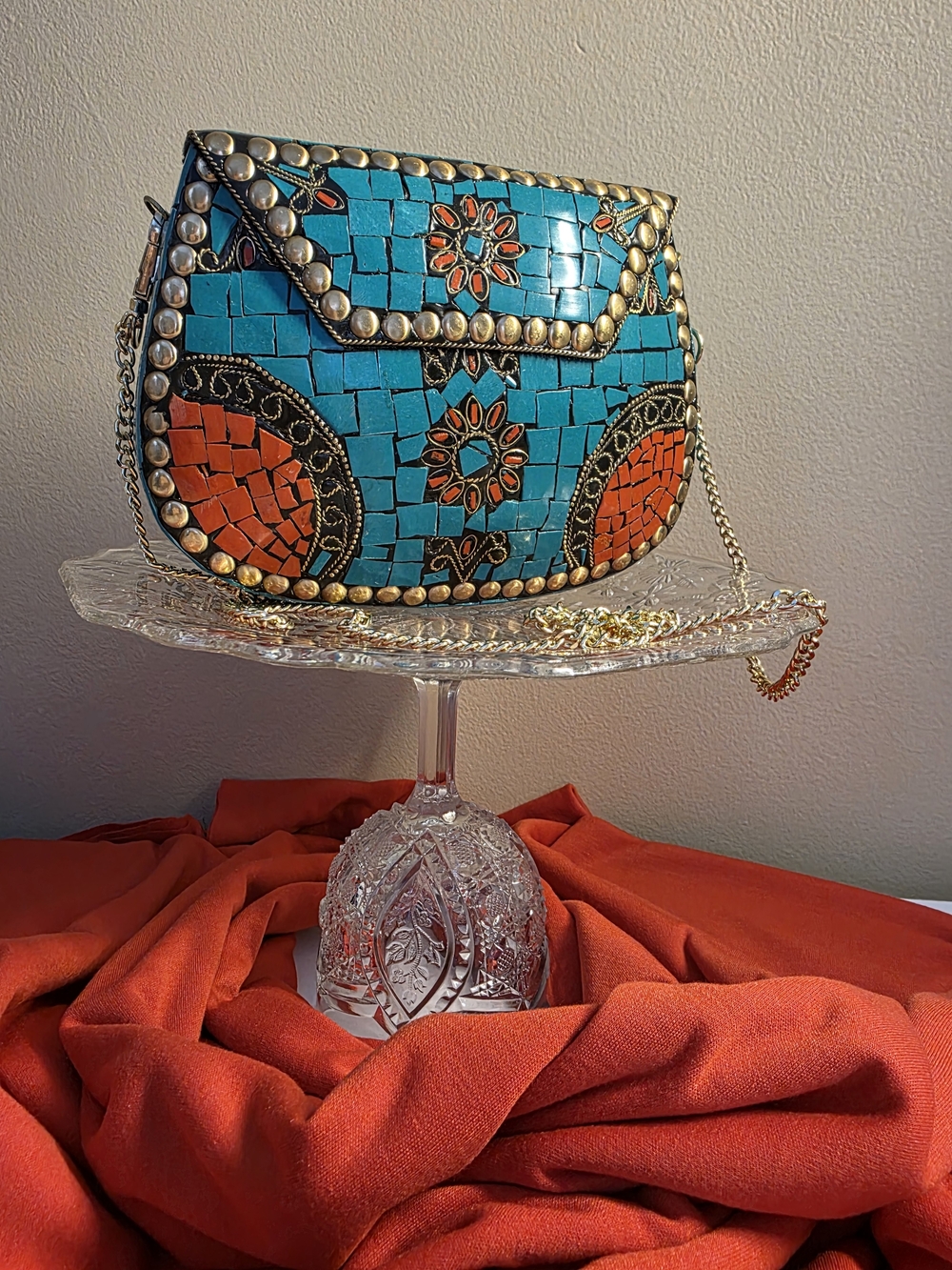 Ramla Handmade Mosaic Purse Bag Turquoise Gold Chain Strap Detachable